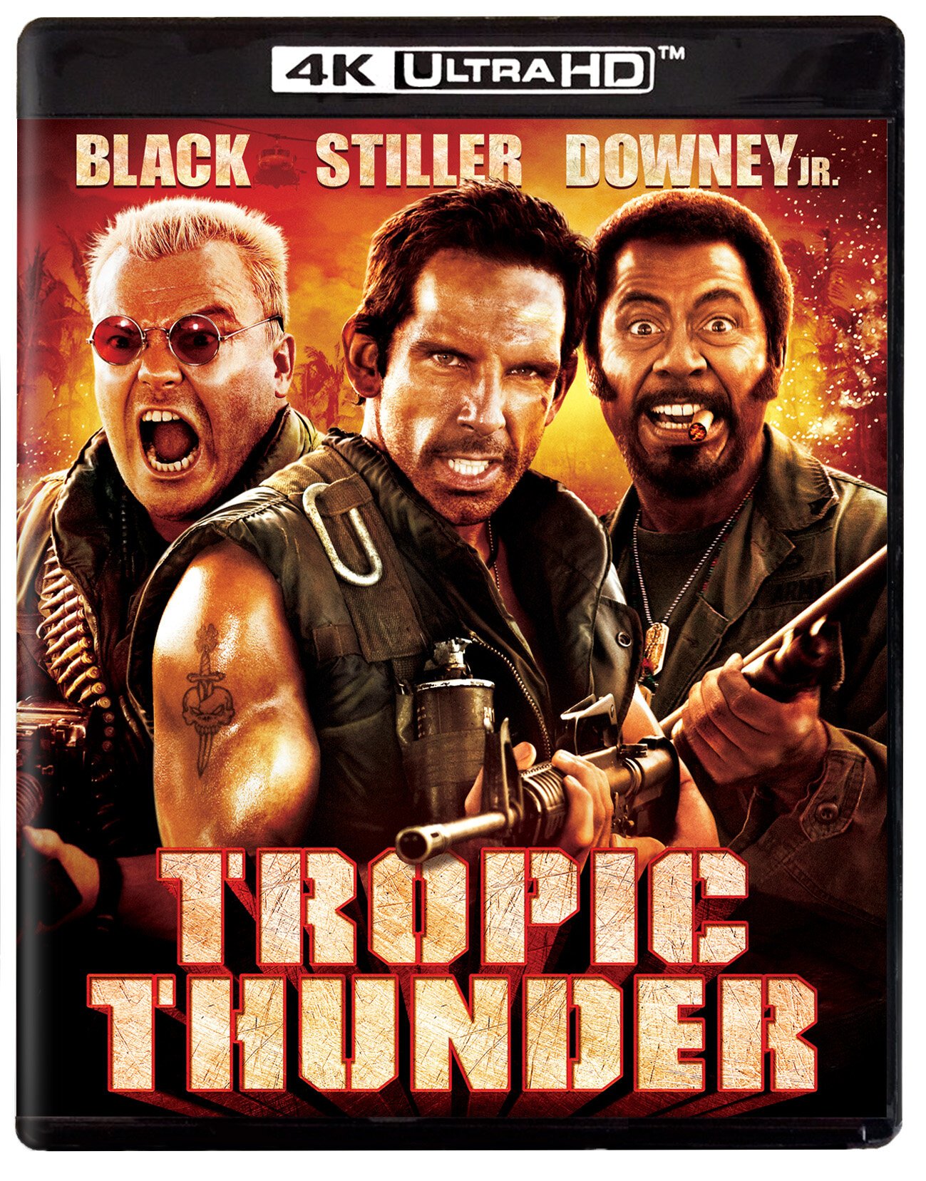 The cover of the Tropic Thunder 4K Ultra HD movie features three armed men in action poses, with BLACK, STILLER, and DOWNEY JR. above them and the title TROPIC THUNDER in bold letters at the bottom.