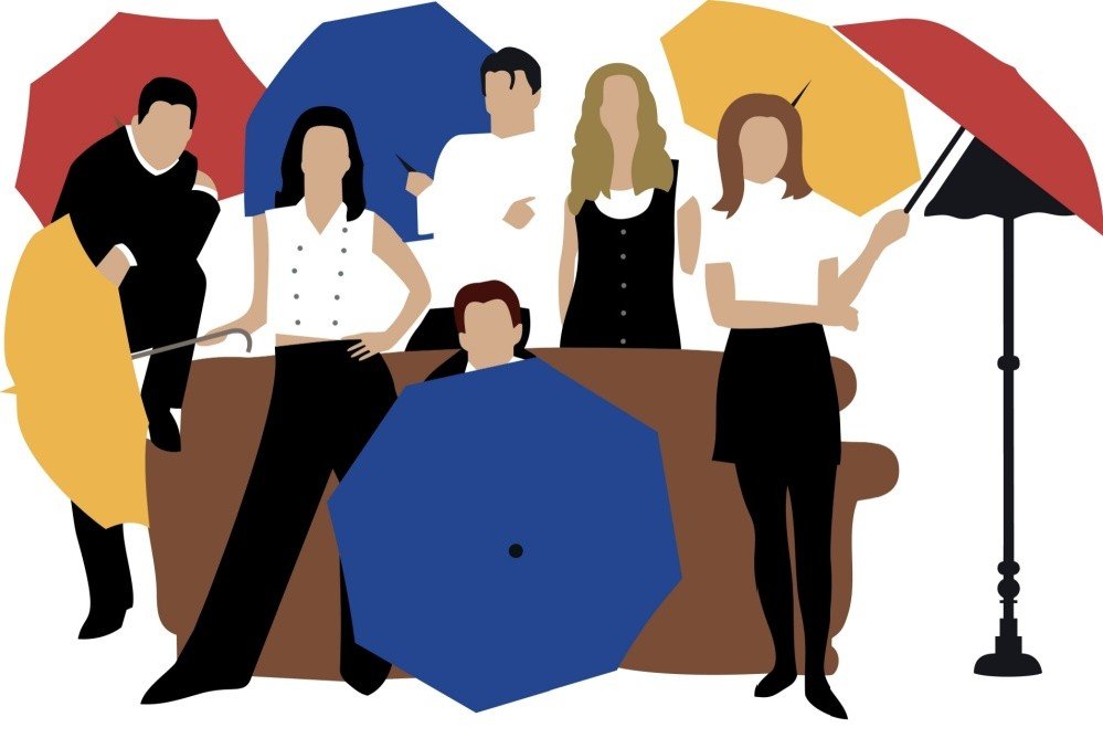 Illustration of six people standing and sitting around a brown couch, each holding colorful umbrellas in red, blue, and yellow. The background is white, and a black floor lamp is beside them.