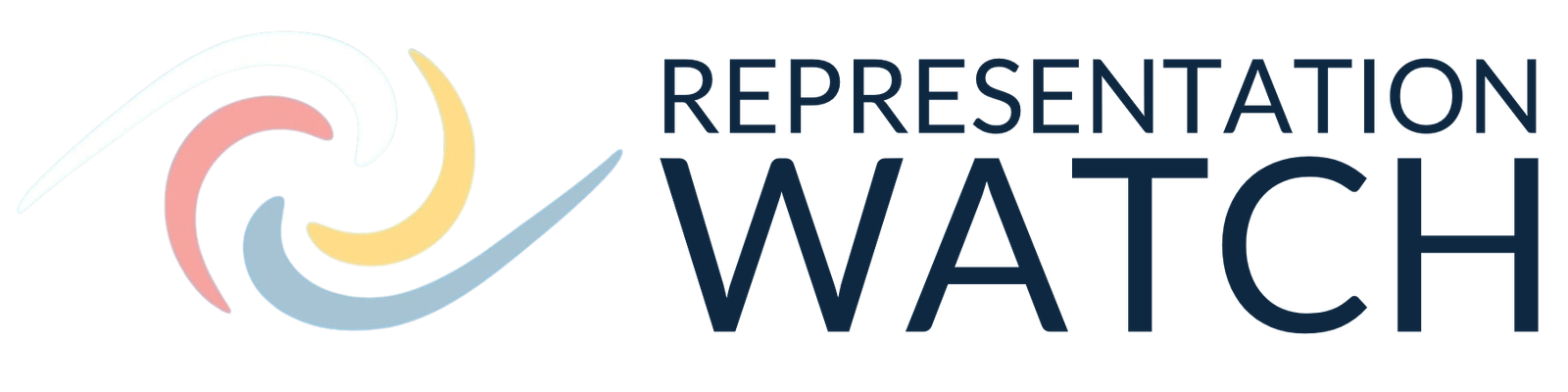 Logo with four curved, colorful swooshes forming a spiral on the left, and the words “Representation Watch” in bold, dark-blue uppercase letters on the right.