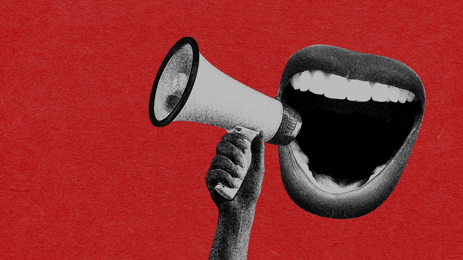A collage-style image of a hand holding a megaphone, with a large, open mouth where the speaker would be, set against a red textured background.