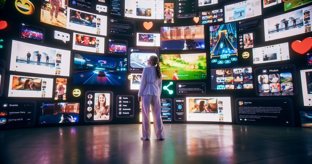 A person stands in a dark room surrounded by large, curved screens displaying social media posts, videos, emojis, and images, creating an immersive digital environment.